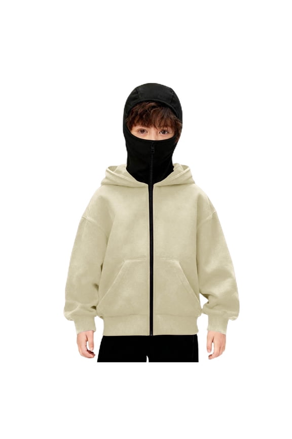 Boys Balaclava Hoodie Zipper Unisex Thermal Insulated Wind Resistant for Snowboarding Skiing Hiking in Extreme Cold Outdoor Adventure Jacket, Beige 14-15Y