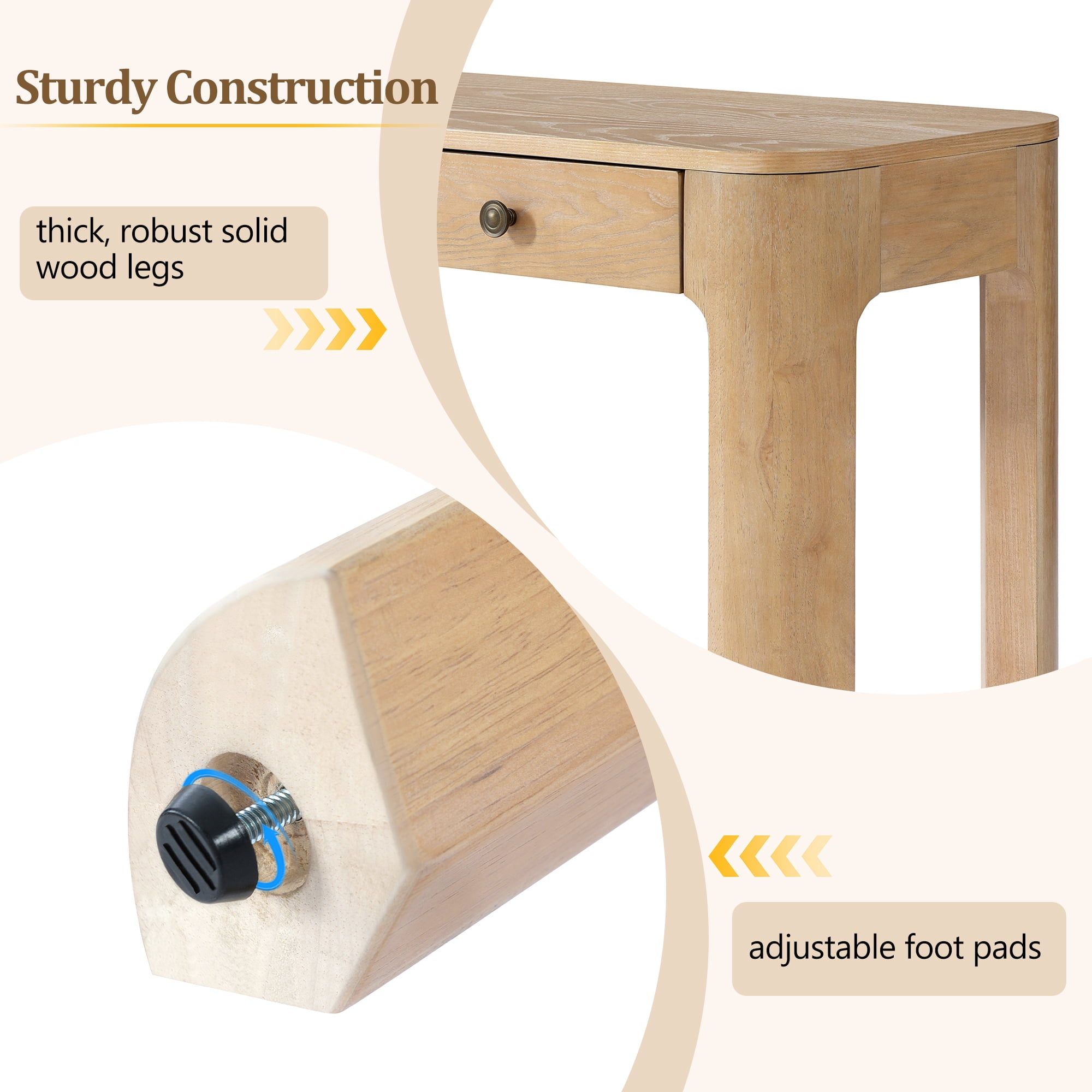 Aukfa 52" Console Table with Curved Corners, 3 Drawers & Thick Legs, Entryway Table for Living Room & Hallway, Light Oak