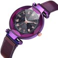 thumbnail image 1 of Reloj de pulsera de cuarzo para mujer a la moda, botón magnético, correa de malla, reloj de pulsera con esfera redonda de aleación (púrpura), 1 of 9