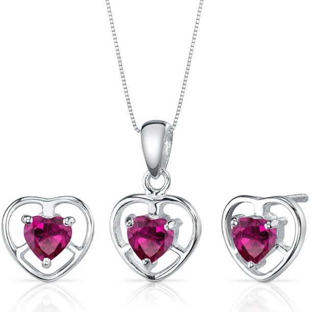 Oravo - 1.5 ct Heart Cut Created Ruby Earring Pendant Set in Sterling ...