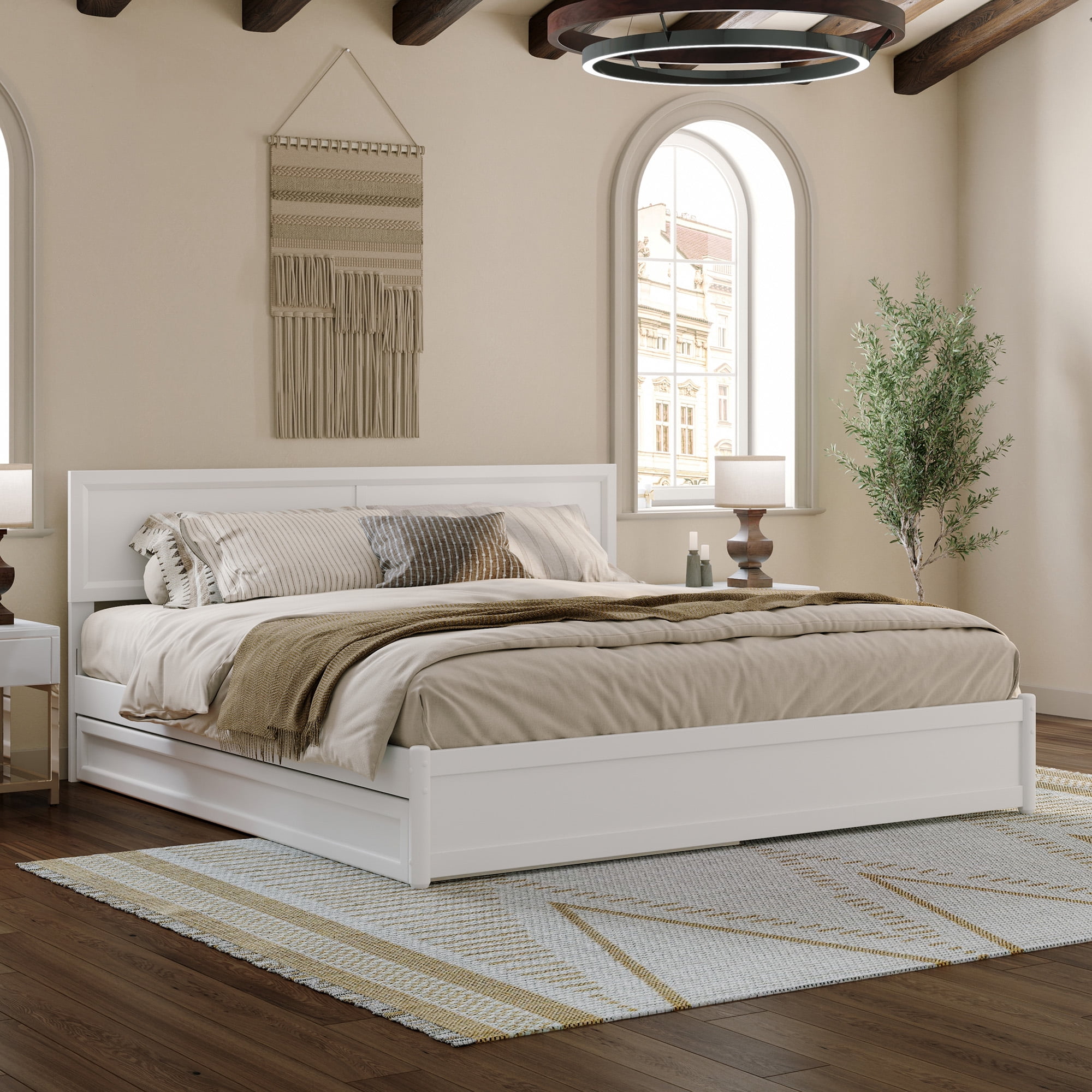AFI Lylah King Wood Platform Bed with Panel Footboard and Twin-XL Trundle, White