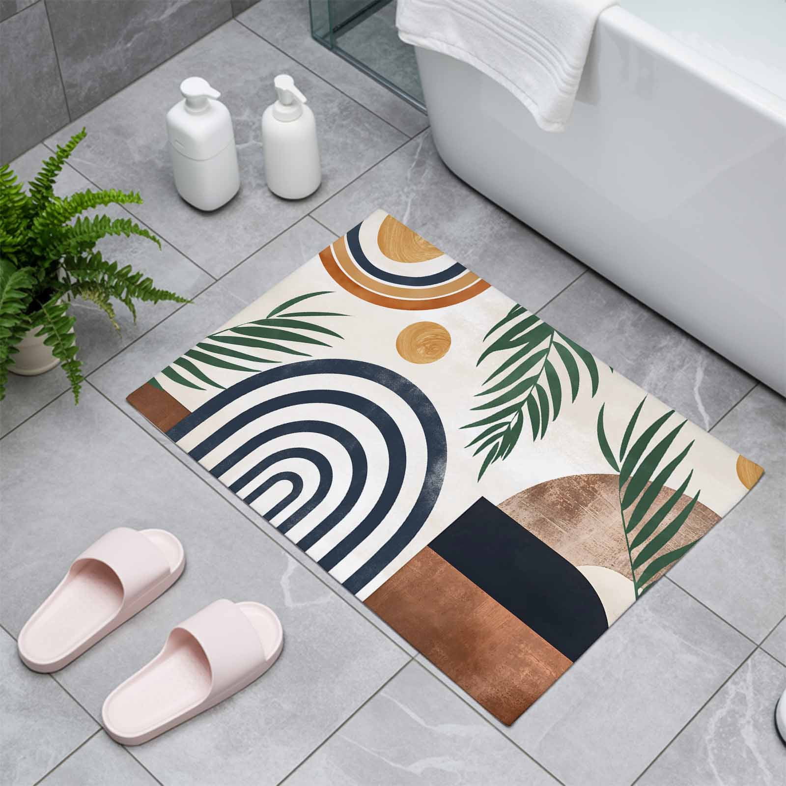 Boho Middle Century Indoor Door Mat - 18"x30", Non-Slip Welcome Mat for Outdoor, Modern Abstract Botanical Geometric Front Doormat for Entry, Low-Profile Doormat Entrance Rug for Kitchen/Bathroom