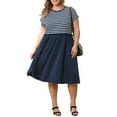 thumbnail image 3 of GRACE & GRANDEUR Women's Plus Size Casual Dress Crew Neck Raglan Sleeve Striped Patchwork Gathered-Waist Midi A-Line Dresses with Pockets 1X Navy Blue, 3 of 7