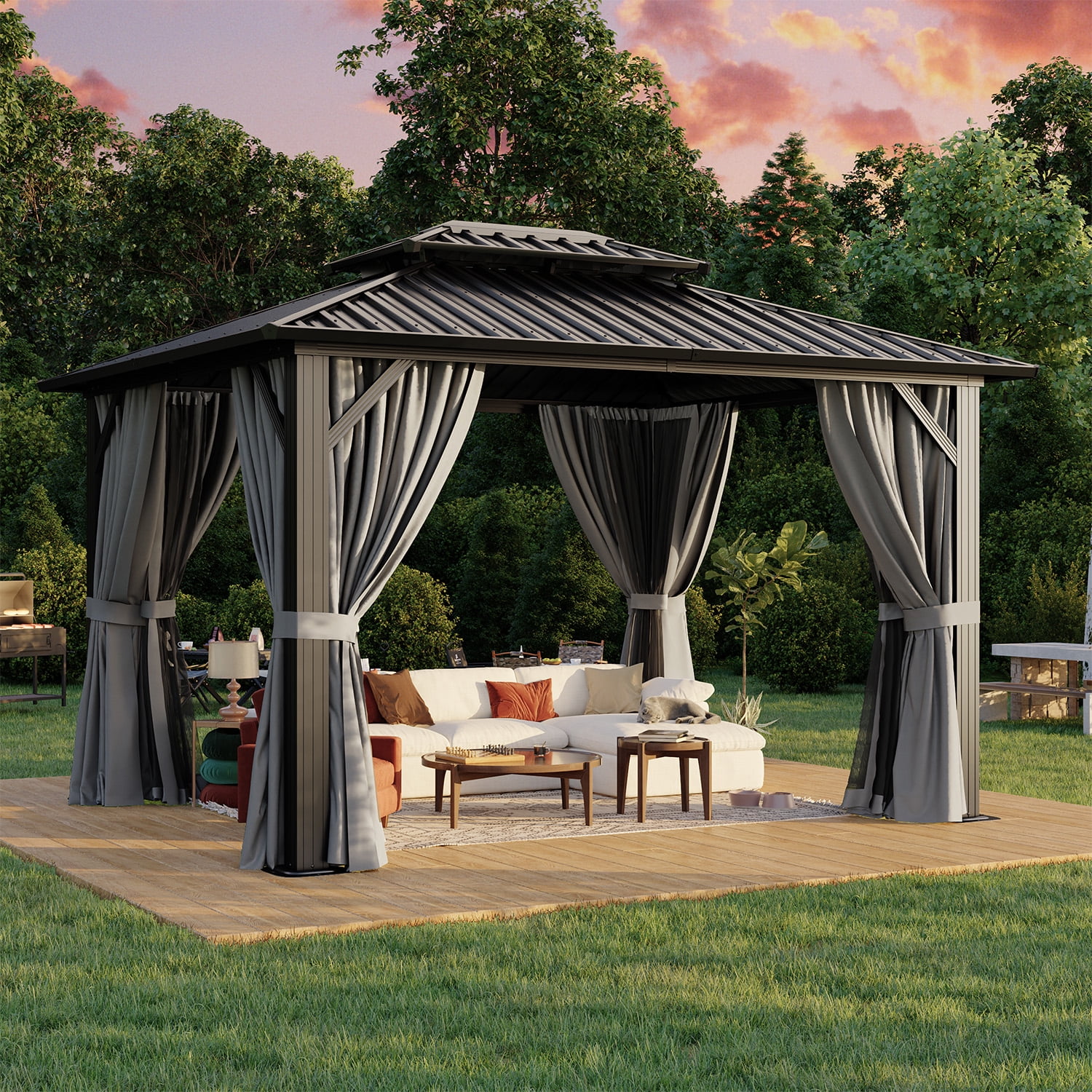 BaPiPro 12x10 FT Permanent Outdoor Gazebo – Aluminum Frame with Double Roof, Includes Curtains & Netting, Ideal for Patio, Lawn, and Garden,Gray