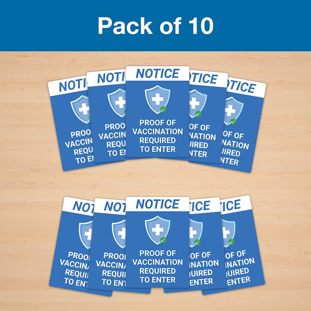 Proof of Vaccination Required to Enter Window Sticker - Pack of 10 Decals - Blue Design - 10 x 7 Inch Rectangle - Indoor Only - Removable Adhesive Vinyl - Online Labels