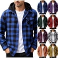 thumbnail image 2 of Men's Hooded Plaid Flannel Shirt Jacket Long Sleeve Button Down Buffalo Check Casual Fall Layering Shacket Blue 4XL, 2 of 10