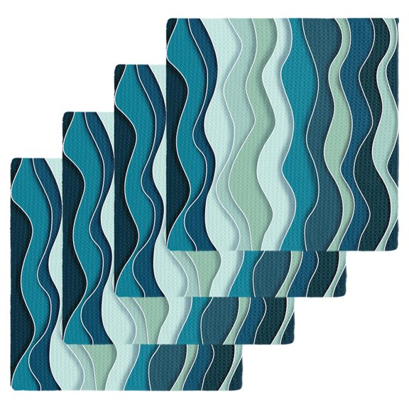 Teal Ombre Kitchen Dish Towels for Drying Dishes Set of 4, Abstract Art Moire Ocean Waves Waffle Weave Microfiber Hand Tea Bathroom Towels Quick Dry & Absorbent Towel 12x12