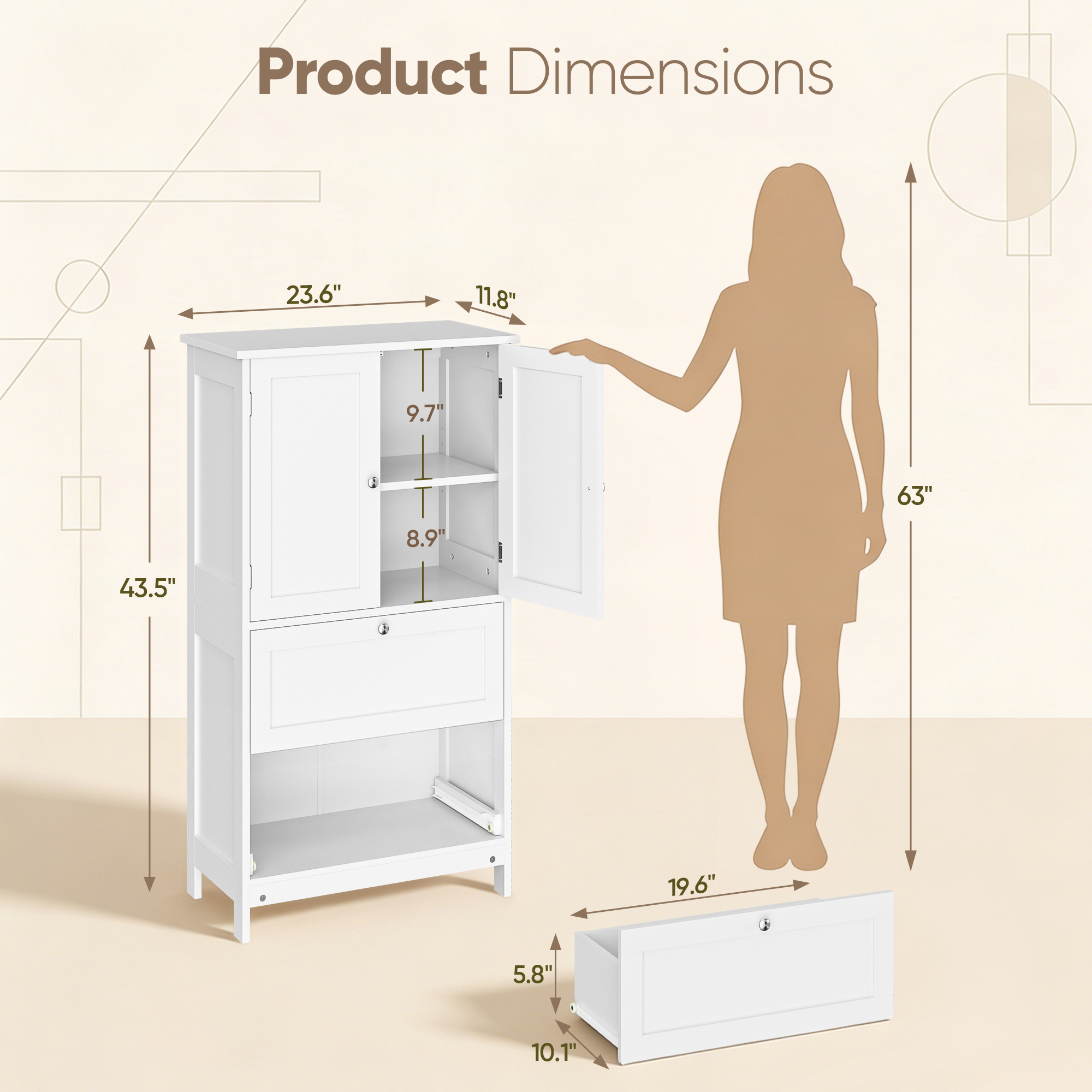 HomGarden 4-Tier White Bathroom Cabinet Adjustable Floor Storage Organizer W/2 Drawers & 2 Doors for Bathroom, Living Room, Kitchen