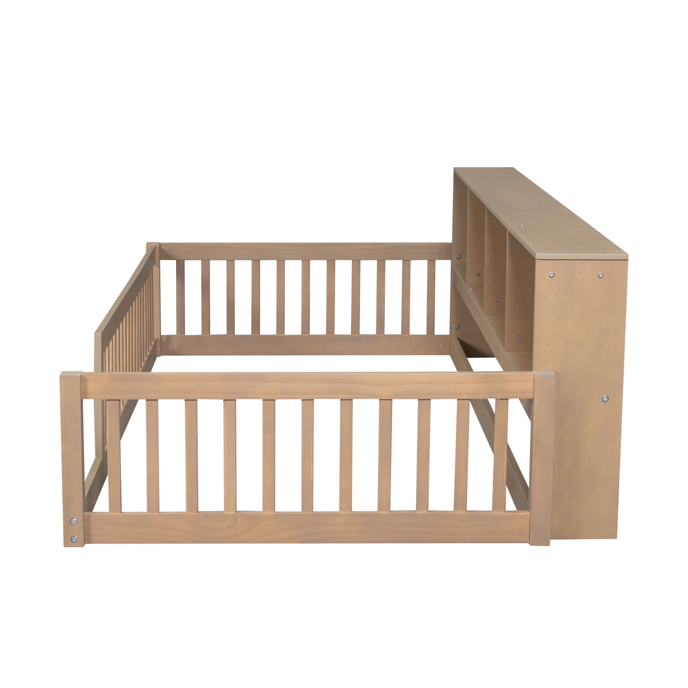Noble House Twin XL Wood Floor Bed with Storage Cabinets and USB Charging Station, Space Saving Design, Brown