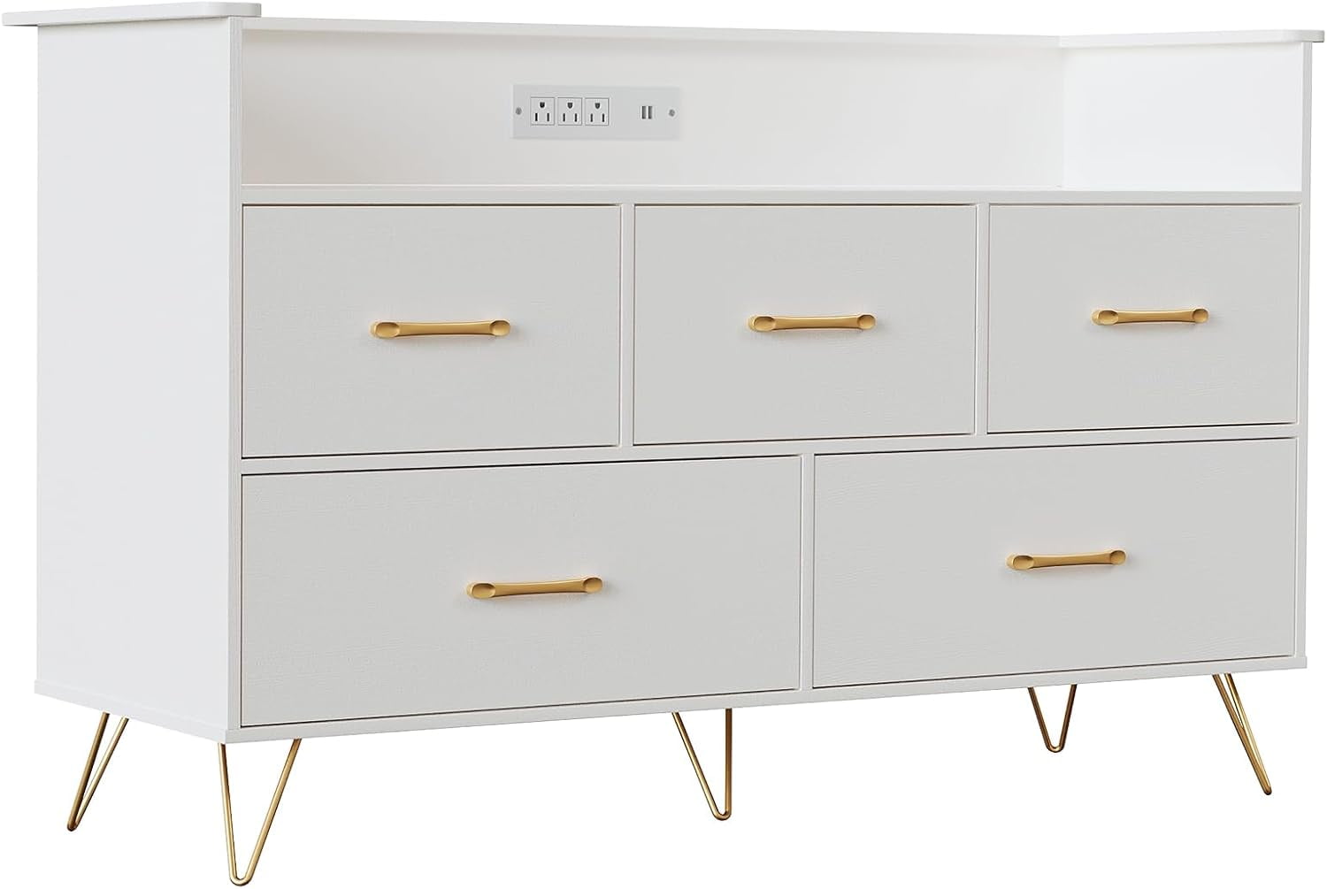 White Dresser for Bedroom, 47" Wide Chest of Drawers with LED Lights, Charging Station & 5 Smooth-Sliding Drawers, Modern Wood Storage Cabinet for Entryway, Hallway, Living Room