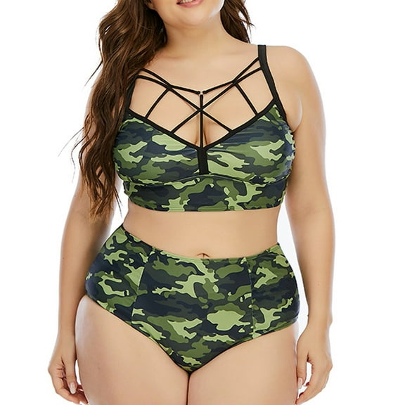 QLEICOM Womens Swimsuits Tummy Control Plus Size Swimsuit Coverup Fashion Comforted Camouflage Crossovers Split Plus Size Swimsuit Green XL