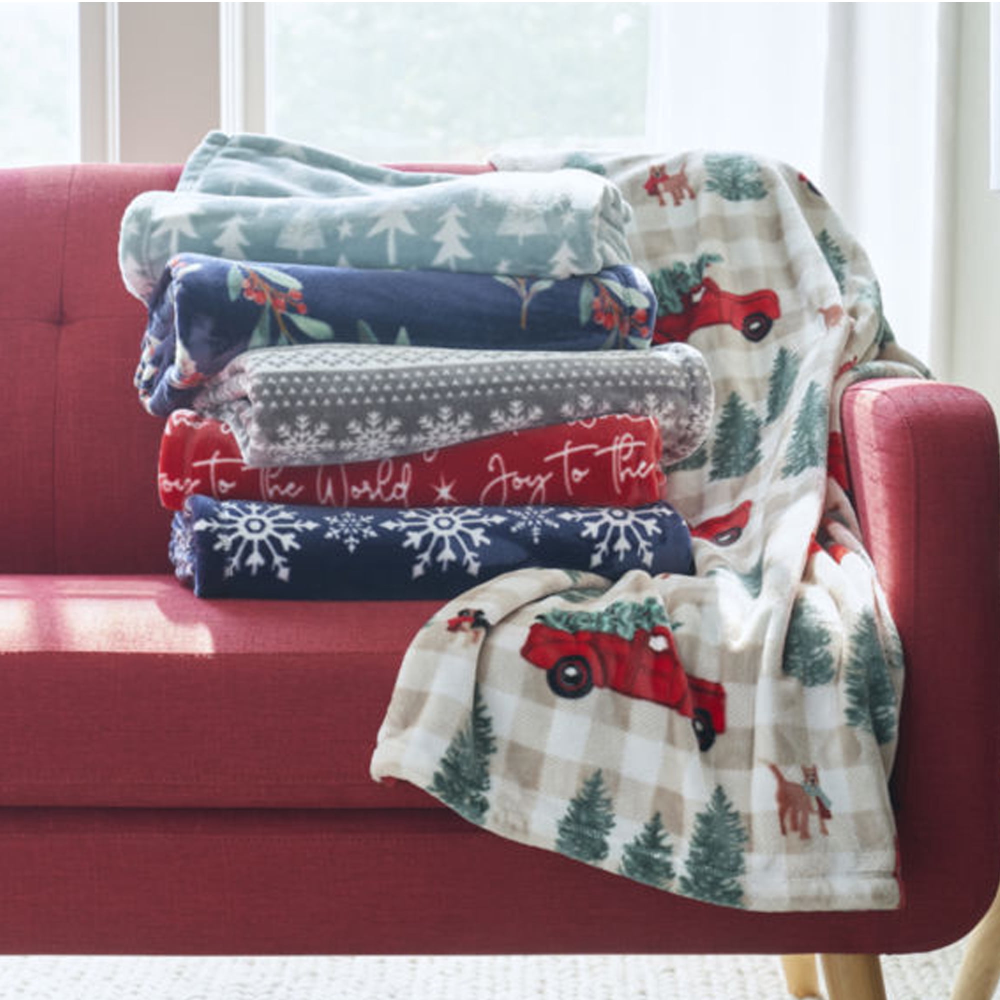 North Pole Trading  Red Truck Dogs Throw Blanket 50 x 60 inches Grey Buffalo Plaid Velvet Plush Adults