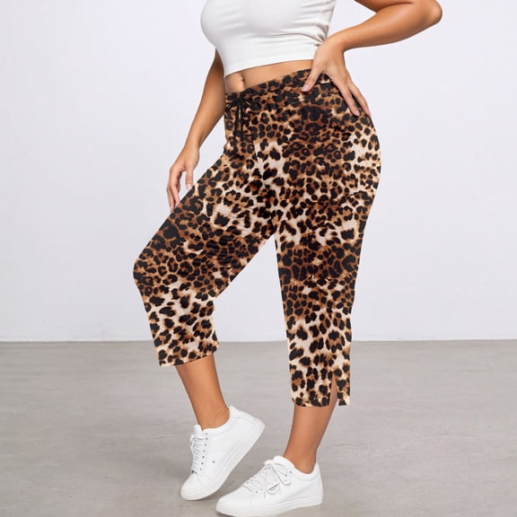 KDFJPTH Women's Leopard Print Capri Pants Elastic Drawstring Waist Casual Everyday Trousers with Side Slit Brown L