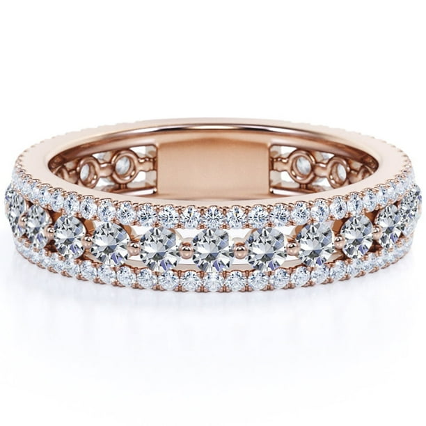 JeenMata Alianza de Boda de Eternidad con Doble Pavé de Moissanita de Talla Brillante Redonda de 0,75 Quilates Chapada en Oro Rosa de 18 K sobre Plata