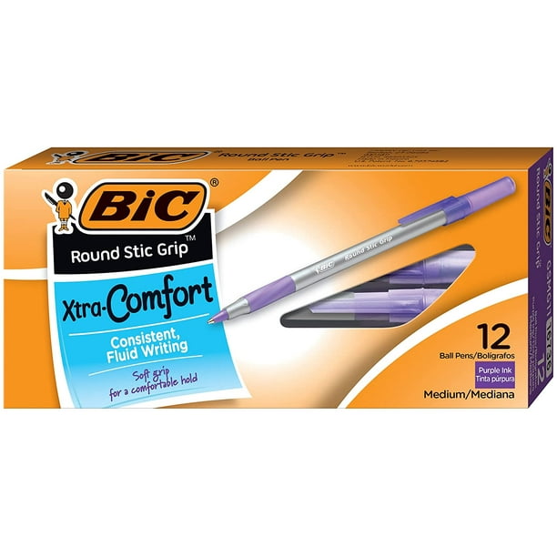 BIC Round Stic Grip Xtra Comfort Ball Pen, Medium (1.2 mm), Purple,  12-Count (GSMG11-PURPLE) 