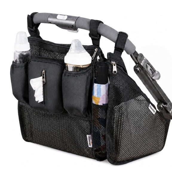 SUNVENO Universal Stroller Organizer with Insulated Cup Holders & Detachable Side Bag, Black