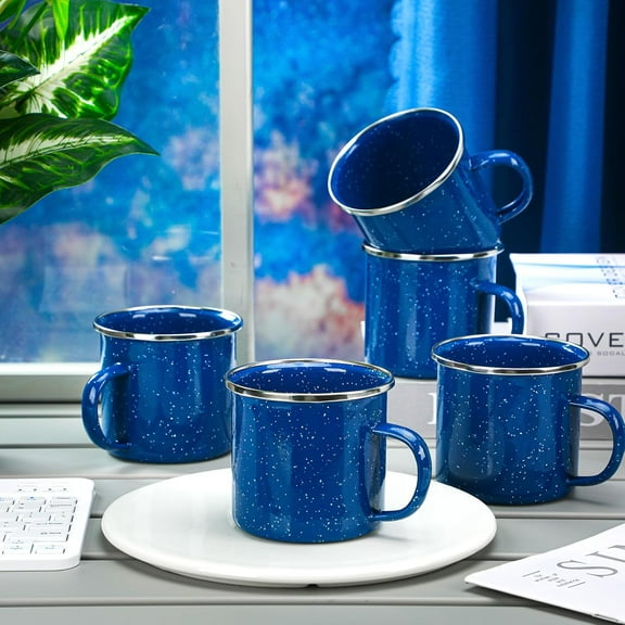 3Pcs Enamel Small Camping Coffee Mugs, Portable Vintage Tea Cups, Campfire Camping Mugs Bulk with Handle for Coffee, Tea, Home Picnic, Travel Indoor and Outdoor Activities,17 oz (Blue)