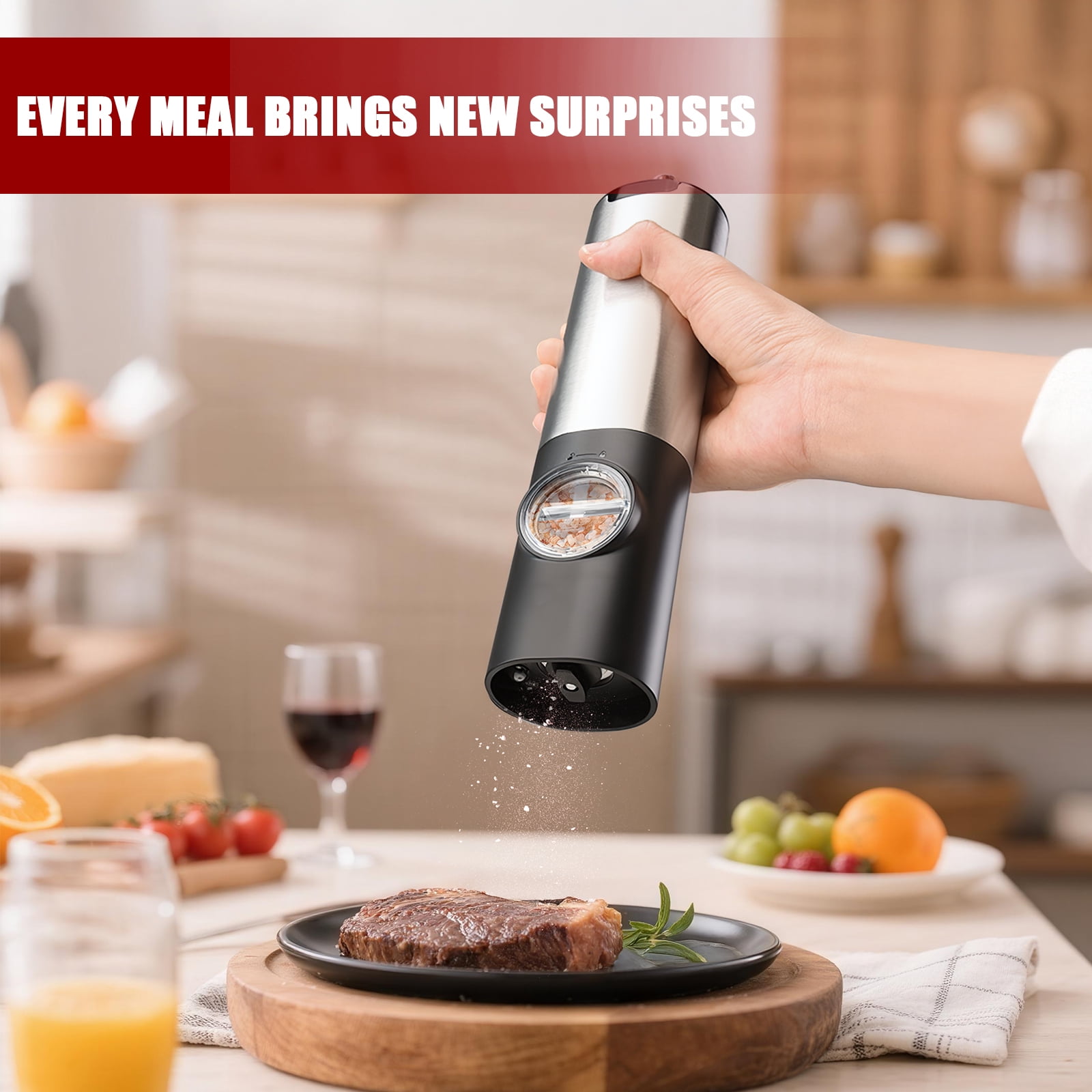 Electric Salt and Pepper Grinder Set, Sgokeen Automatic Electronic Spice Mill Shakers with USB Rechargeable, LED Light, Adjustable Coarseness, One Hand Operated, Stainless Steel