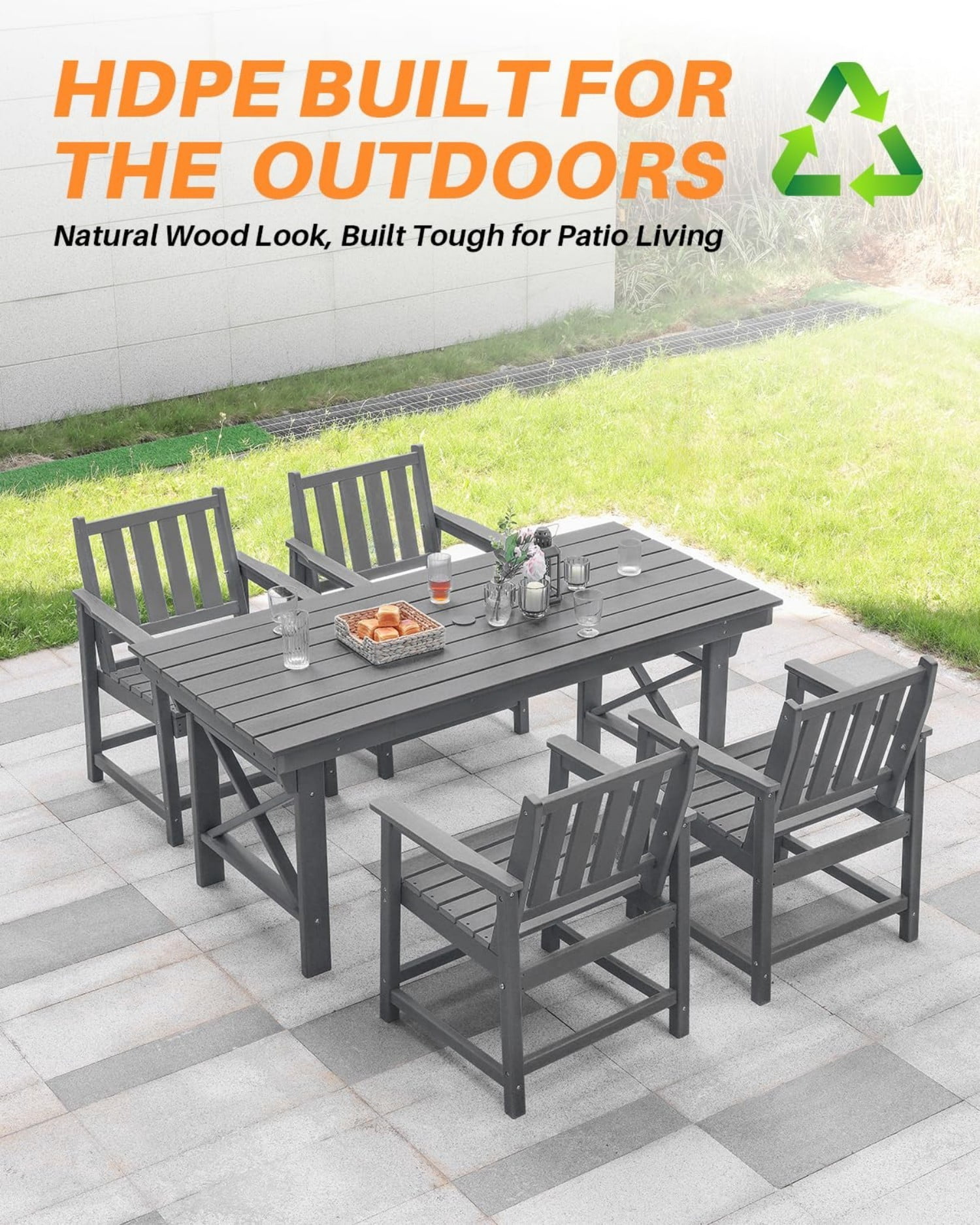 HDPE Outdoor Dining Table for 6, 66.9" Rectangular Patio Dining Table with 2.2" Umbrella Hole, All-Weather Outdoor Table for Backyard, Deck, Garden, Poolside, Smoke Gray
