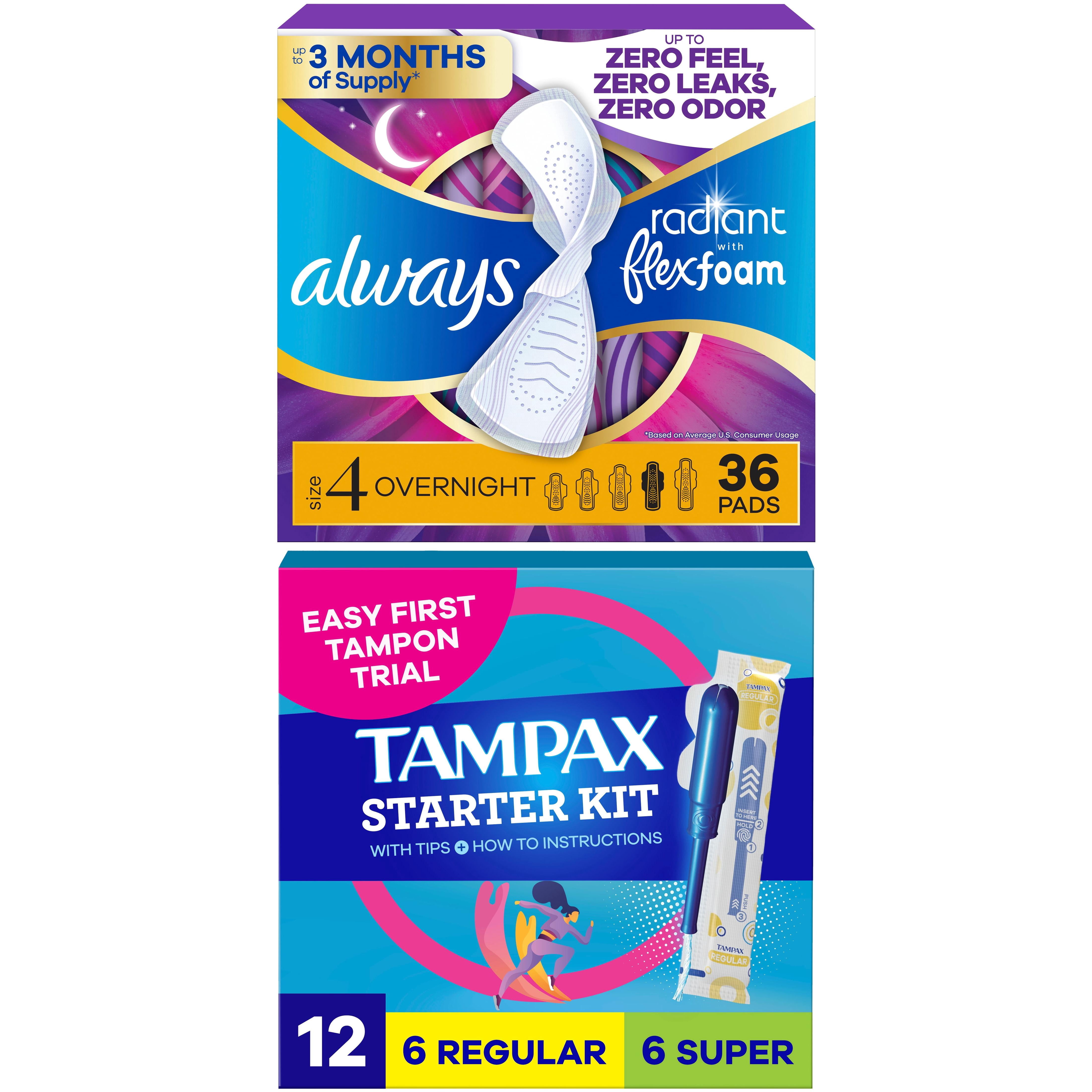 [Buy Pads Get Tampons FREE] Buy Always Pads, Radiant Flexfoam Size 4, Overnight, Wings, 36 Count, GET Tampax Pearl Starter Kit Multipack with Regular/Super, 12 count FREE