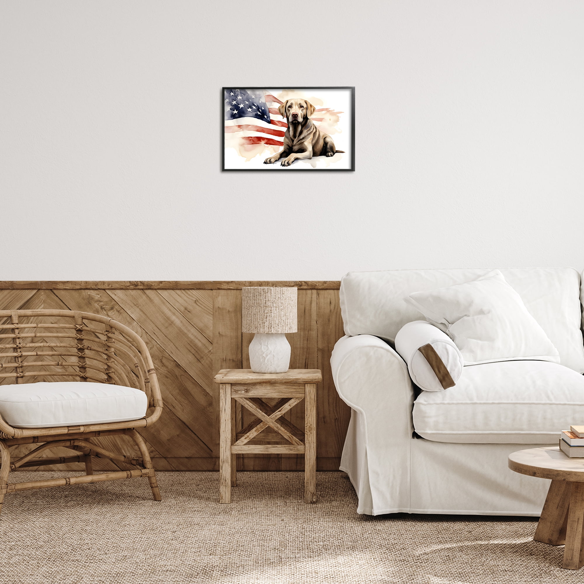 Stupell Industries Patriotic Dog with Flag Animals & Insects Painting Black Framed Art Print Wall Art, 18 x 12