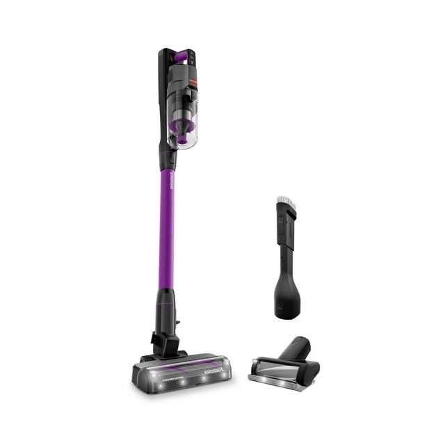 BISSELL PowerClean FurFinder 200W cordless stick vacuum in purple with two cleaning attachments.