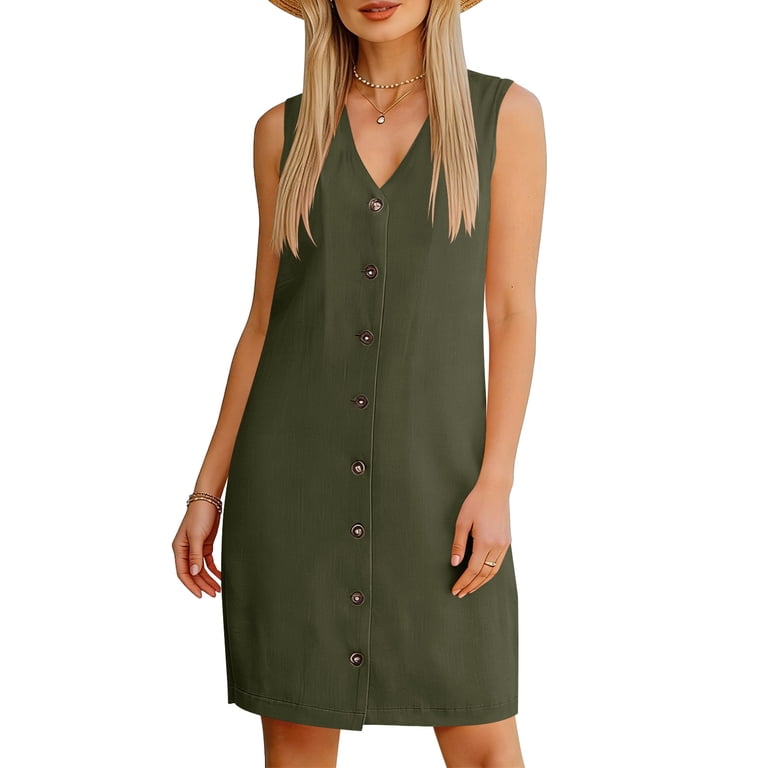 Clodeeu Women's Linen Blend Button V Neck Sleeveless Mini Dress with Pockets, Loose Fit Casual Dress Army Green,Womens Plus M, Size: Medium Clodeeu Women's Linen Blend Button V Neck Sleeveless Mini Dress with Pockets, Loose Fit Casual Dress Army Green,Womens Plus M, Size: Medium