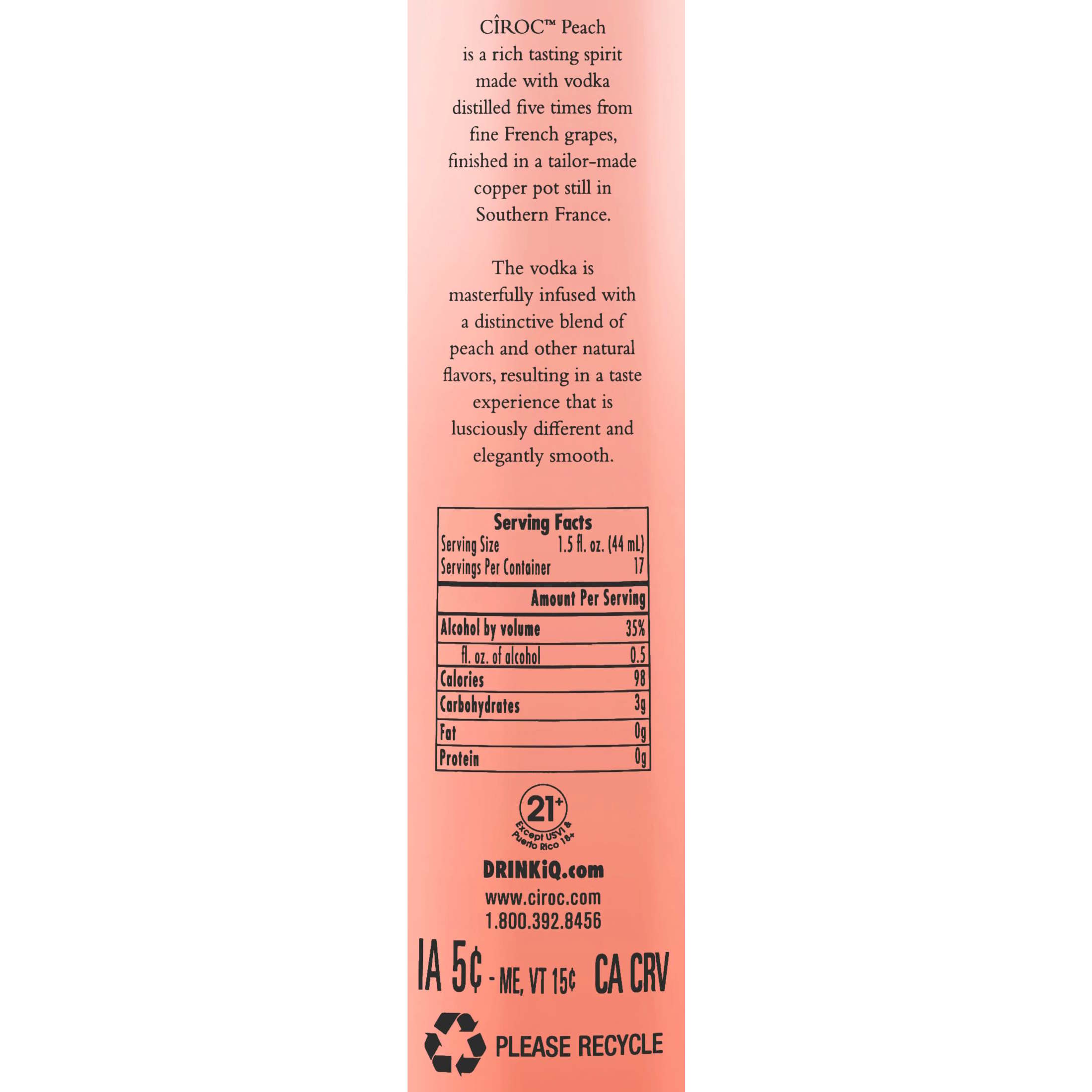 thumbnail image 3 of CIROC Peach (Made with Vodka Infused with Natural Flavors), 750 mL, 35% ABV, 3 of 5