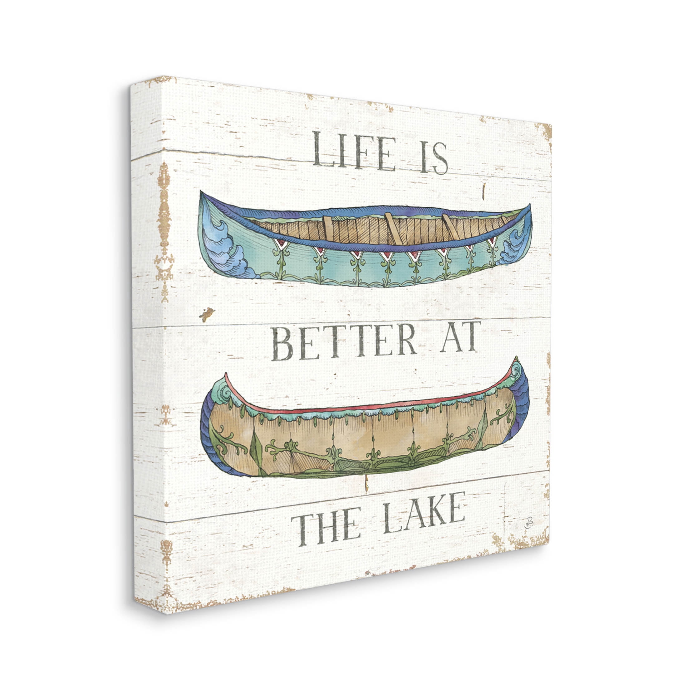 Stupell Industries Life Better at Lake Weathered Canoes Graphic Art Gallery Wrapped Canvas Print Wall Art, Design by Daphne Brissonnet