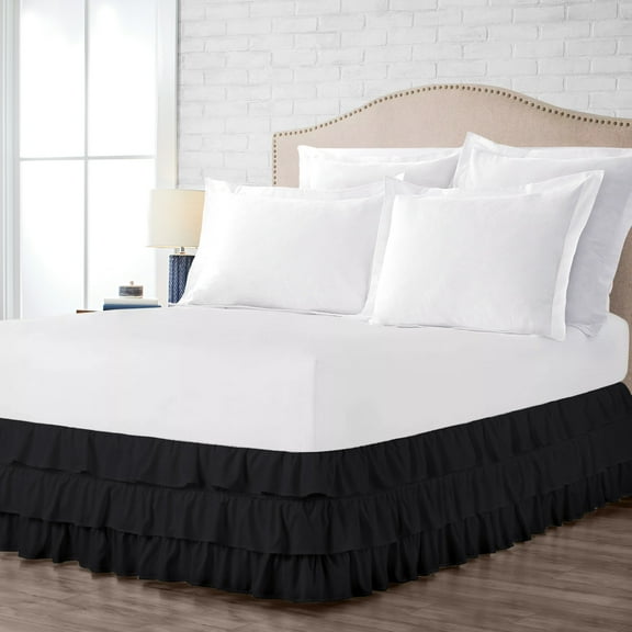 Short Queen Size Tailored Drop Multi Ruffled Solid Bed Skirt with Adjustable Elastic Belt Microfiber Fabric Fade & Wrinkle Resistant Bed Frame Cover Easy to Fit & Care (15 Inch Drop, Black)