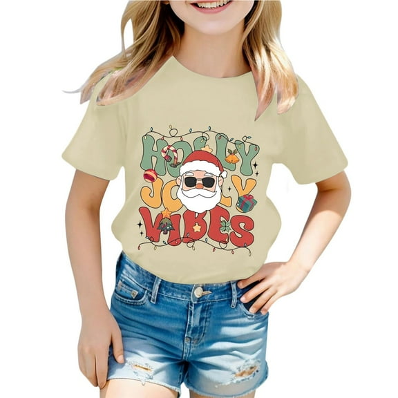 SonxaHe Girl's Tshirt Christmas Santa Letter Print Short Sleeved T-Shirt Kids Holiday Party Cozy Casual T Shirt Beige,Sized 1-2