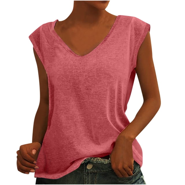 Pompotops Womens Solid Color Cap Sleeve Blouses T-Shirt Casual Loose Fit Basic Shirts Tank Tops