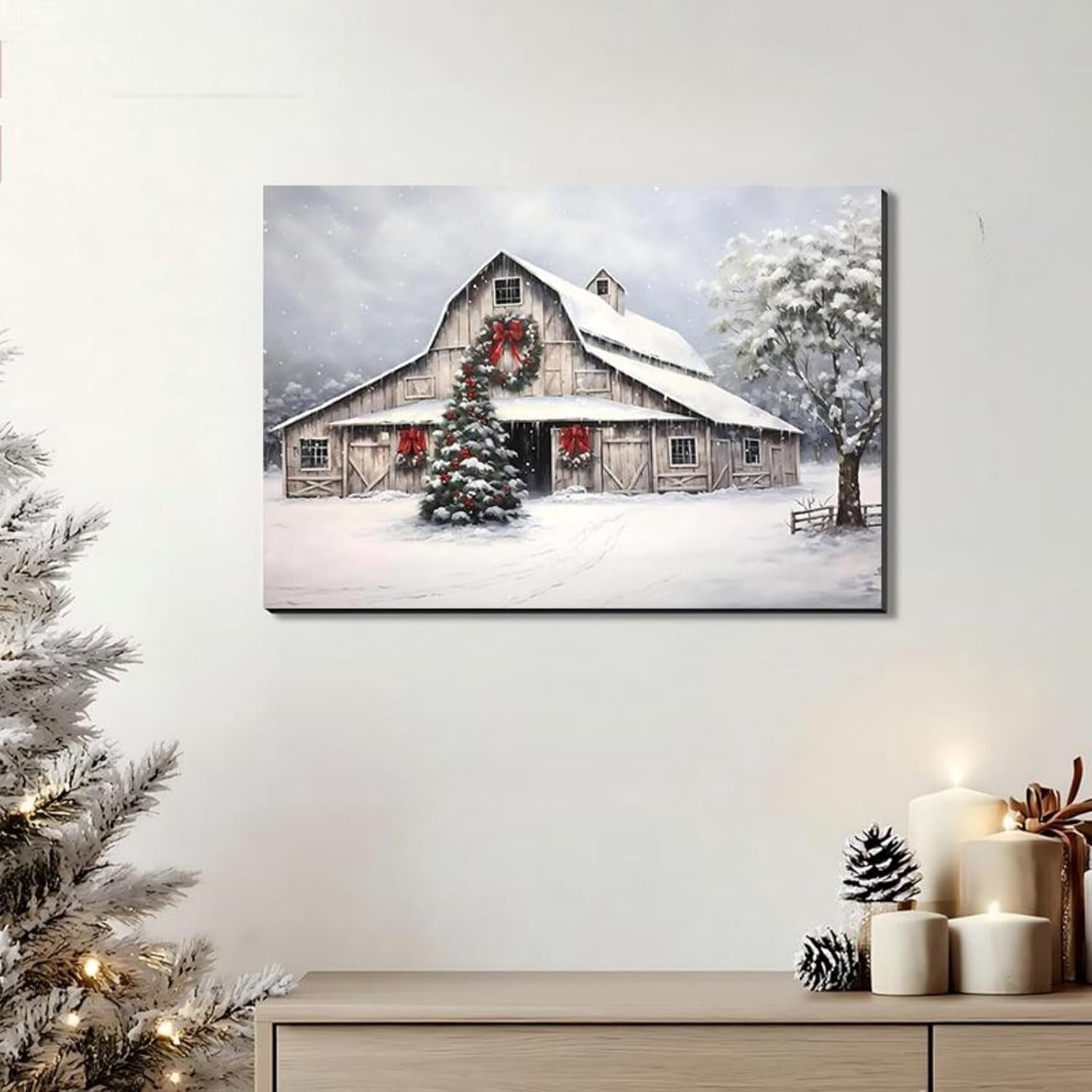 Framed Christmas Wall Art, Farmhouse Barn Pictures Wall Decor Winter snow Scene Canvas Painting Print Home Artwork Decorations for Bathroom Living Room Bedroom