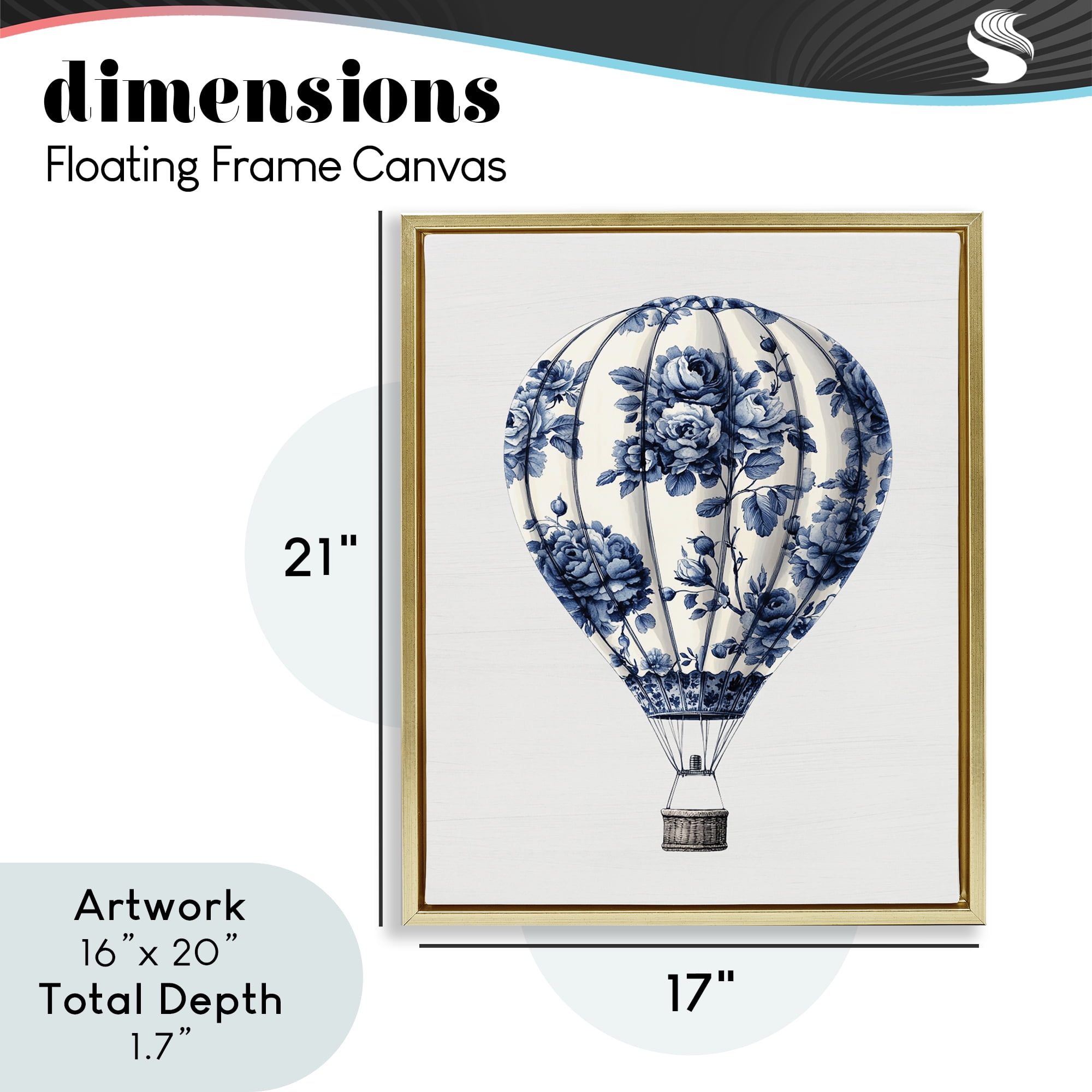 Vintage Toile Hot Air Balloon Gold Framed Floater Canvas Wall Art, design by Lettered and Lined
