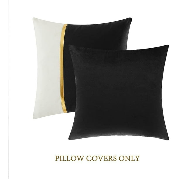 HTOOQ 2 Packs Black Decorative Throw Pillow Covers 20x20 Inch for Living Room Couch Bed Black and White Velvet Patchwork with Gold Leather Luxury Modern Home Decor Accent Cushion Case 50x50 cm
