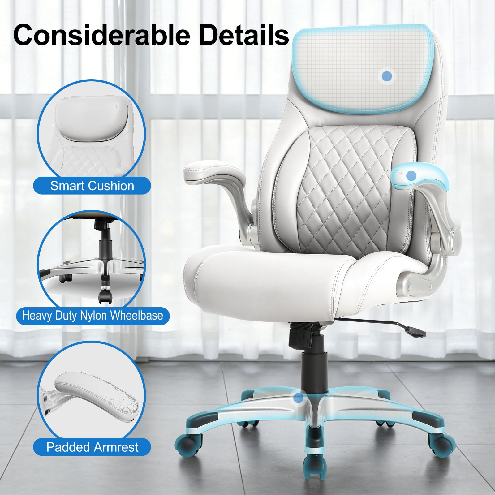 Nouhaus Office Ergonomic Desk High Back Executive Chair with Pop-Out Lumbar Support, Adjustable Headrest, Flip-Up Arms, Leather Home with Thick Cushion for Comfort - White