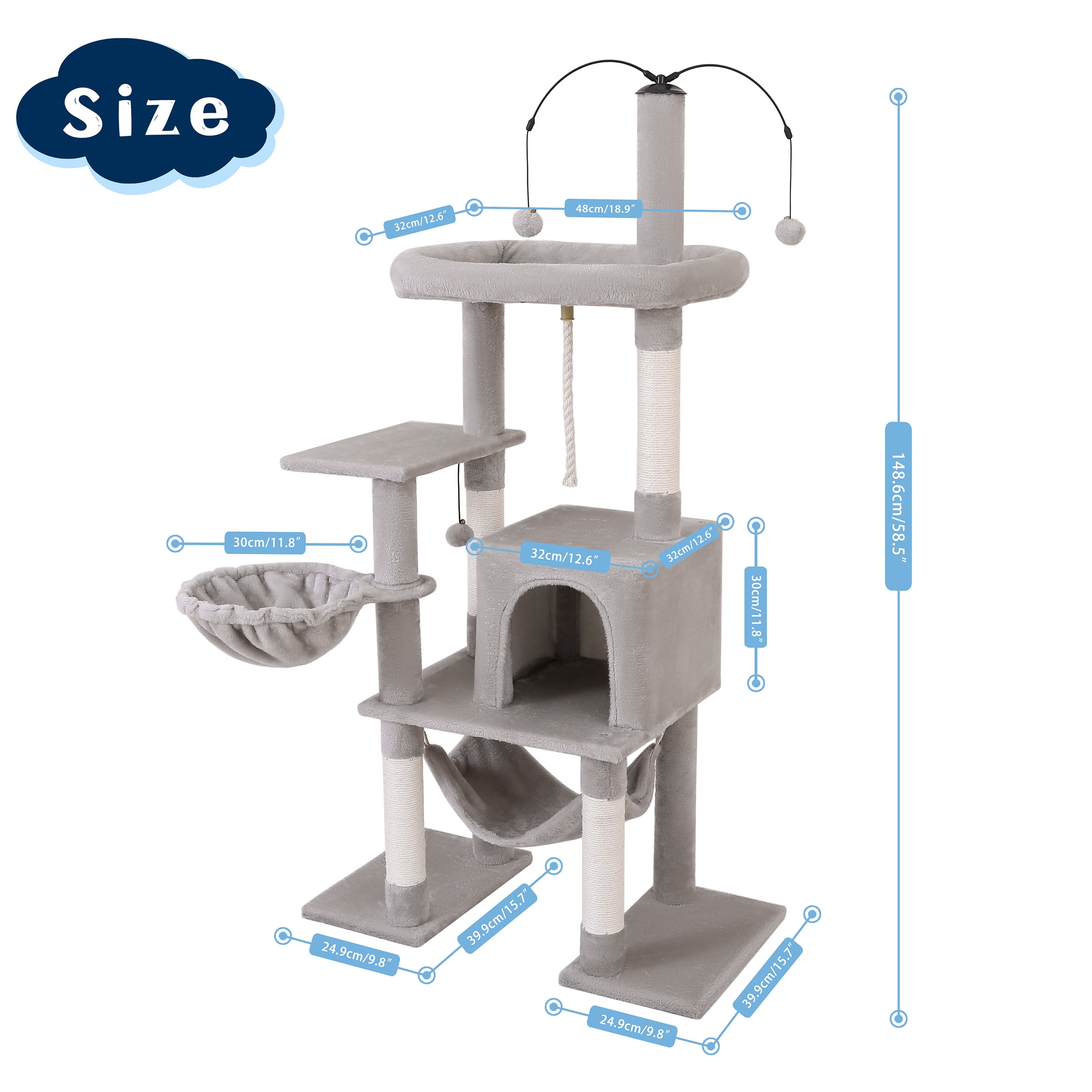 Vibrant Life 58.5 Inch Multi-Level Cat Tree Tower with Dangling Ball and Double Base, Light Gray