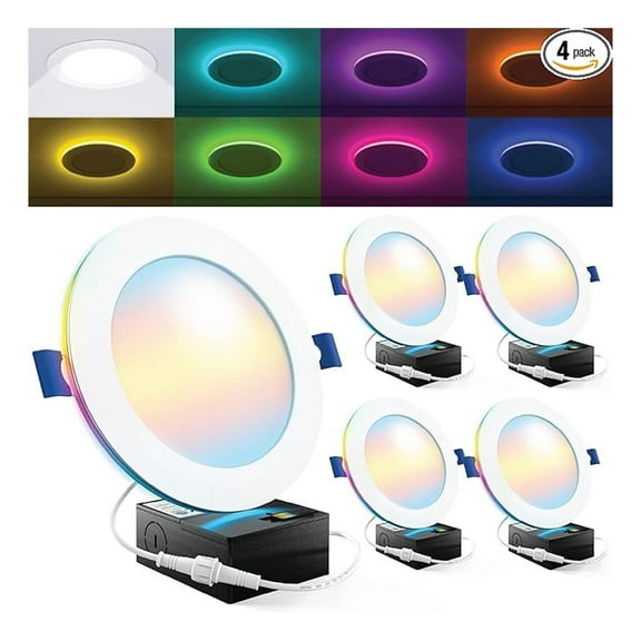 Sunco 4 Pack 6 Inch Smart Ultra Thin LED Recessed Ceiling Lights with Night Light, Tunable CCT 2700K to 6000K, Dimmable, 15W, Smooth Trim, Canless with Junction Box