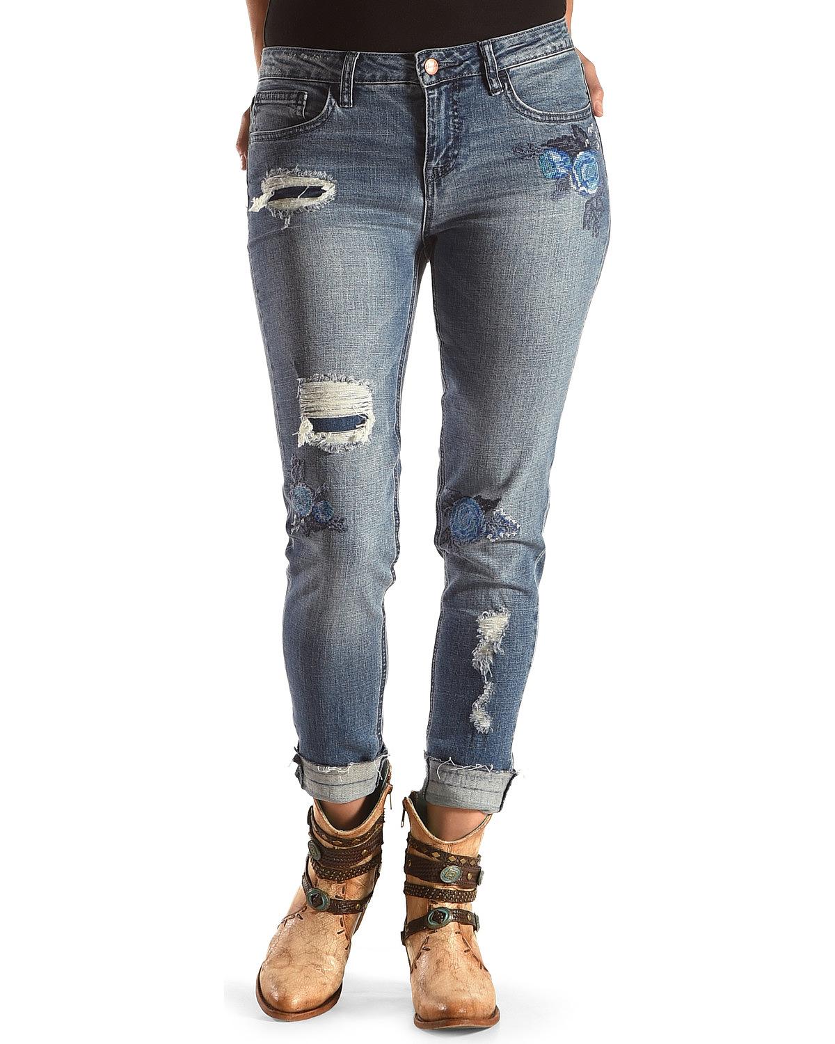 pamzbrand  wrangler womens floral embroidery distressed jeans