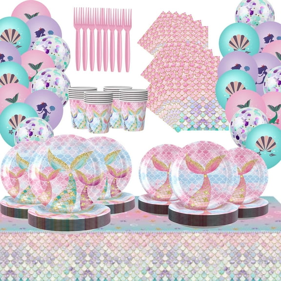 Mermaid Birthday Party Supplies - Mermaid Birthday Decorations Set with Mermaid Plates, Cups, Napkins and Cutlery for Mermaid Party Themes, Perfect Mermaid Party Decorations for Girls