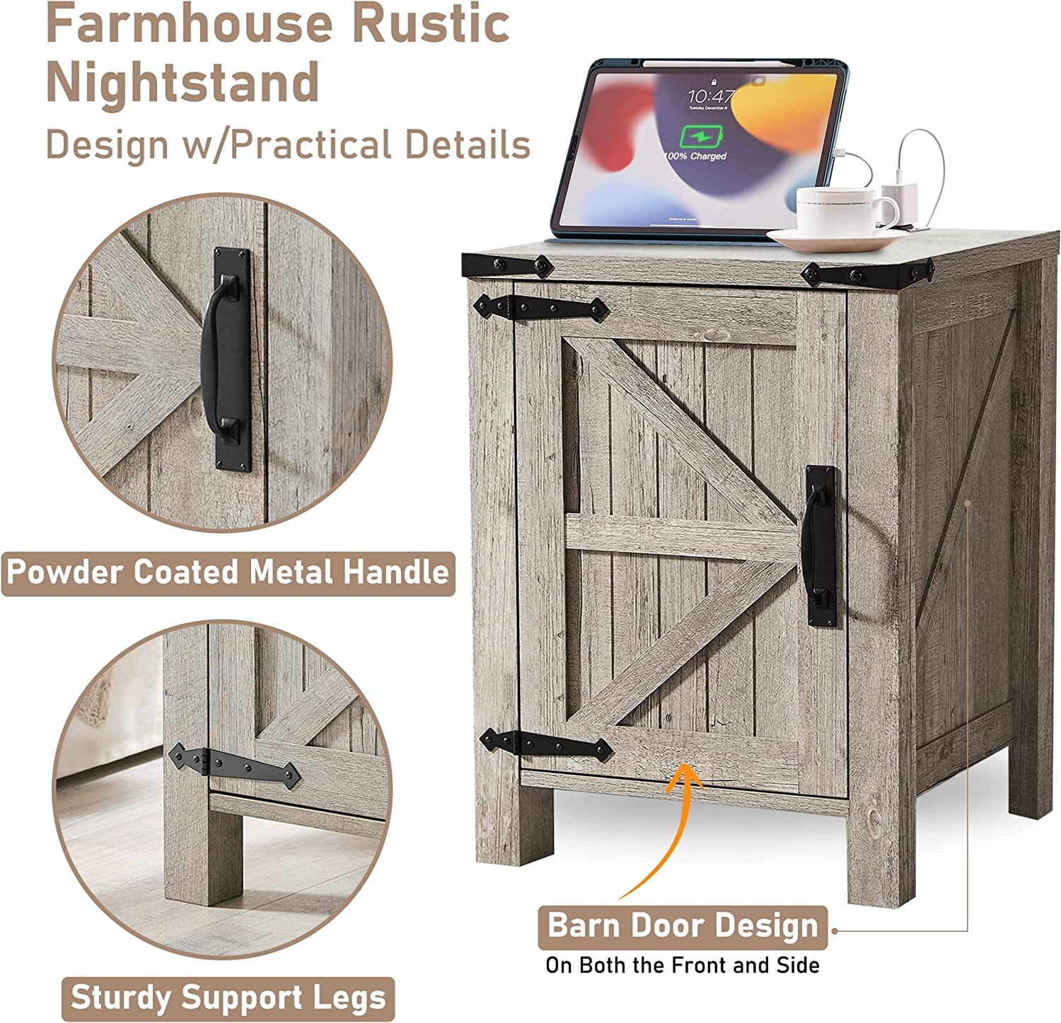 OKD End Table with Charging Station, Farmhouse Rustic Wood Side Table for Living Room, Bedroom, Light Rustic Oak