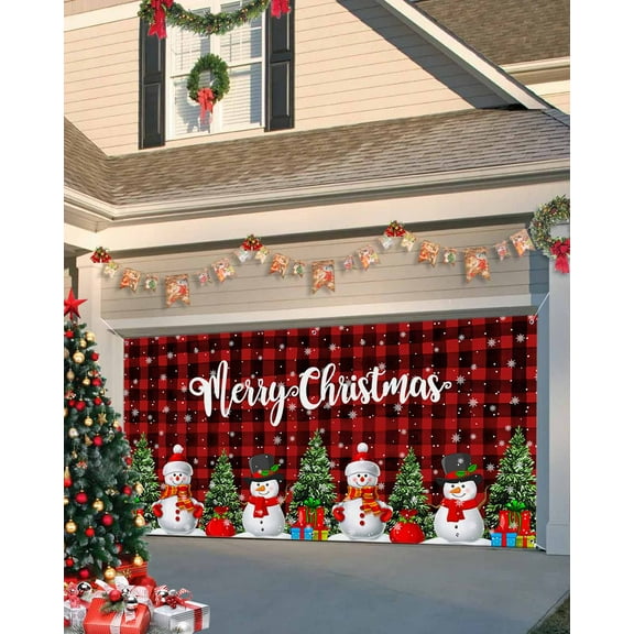 Garage Door Banner Cover 6 x 13 ft, Christmas Cute Snowman Xmas Tree Red Black Buffalo Plaid Christmas Garage Door Decorations Holiday Christmas Backdrop Decor for Winter New Year Xmas Party