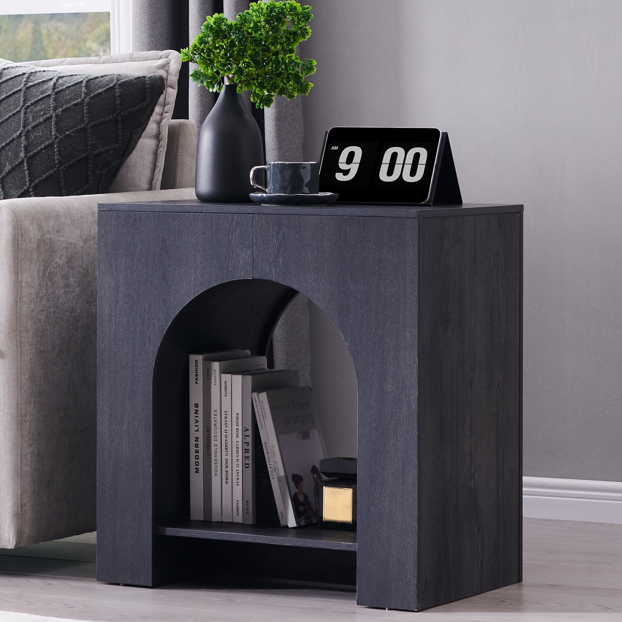 SinCiDo Modern Arched Nightstand with Charging Station, Bedside Table with Open Shelf Storage for Bedroom, Living Room