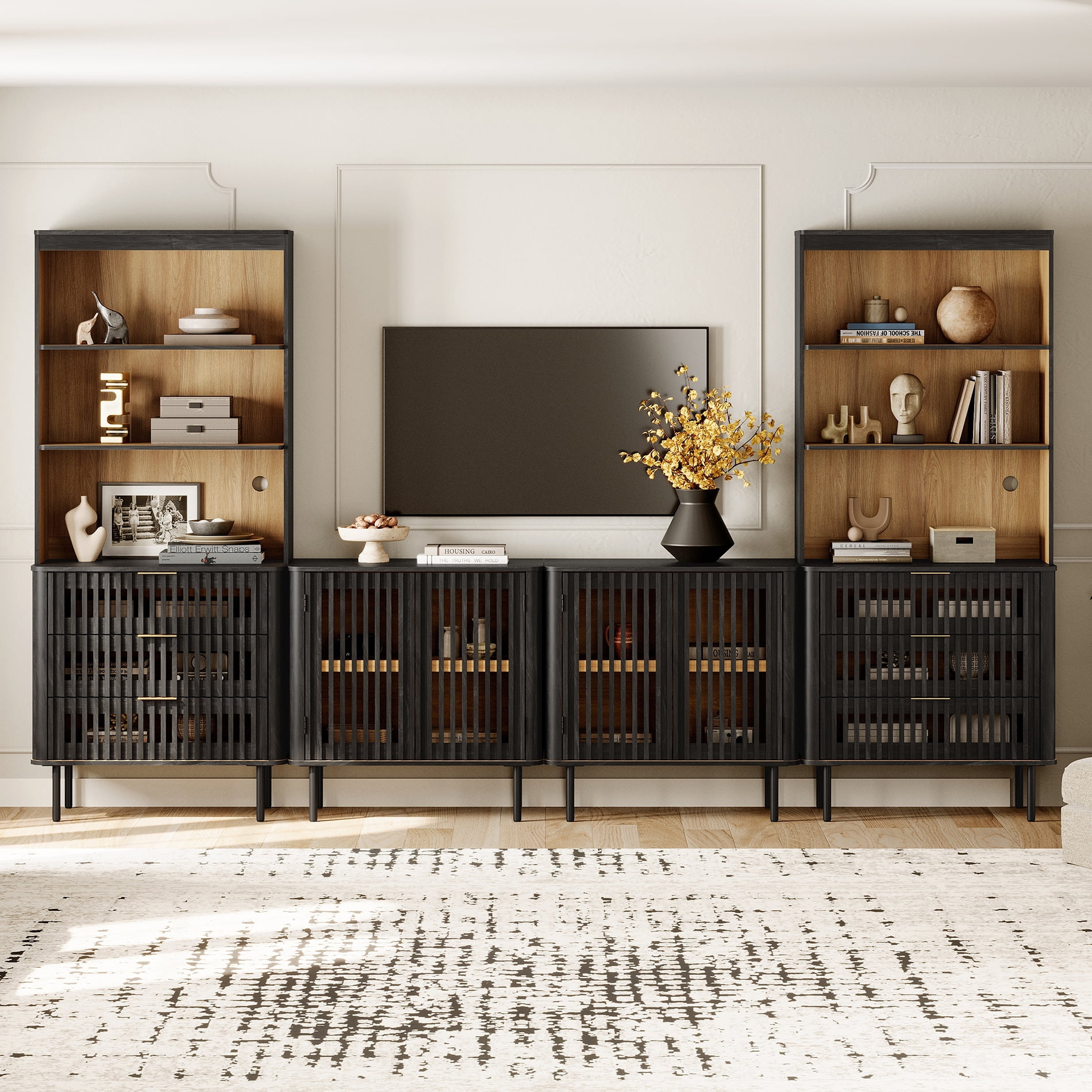 WAMPAT 72.8" Tall Bookshelf with Doors and Drawers, Modern Bookcase with Storage, Adjustable Shelves, Wood Storage Cabinet, Black
