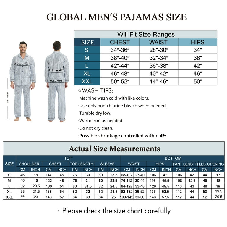 GLOBAL Mens 100% Cotton Pajamas Set Woven Drawstring Sleepwear Set