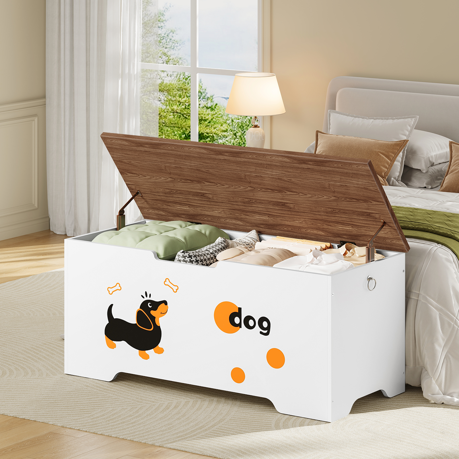 HOOBRO Toy Box Organizer Puppy Pattern Storage Bench with Storage Chest, White, 220 lb Limit