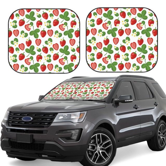 Fotbe Strawberry Juego de 2 Piezas de Parasoles para Parabrisas | Bloqueador Solar para Auto | Accesorios Plegables para Protección Solar Interior-Large