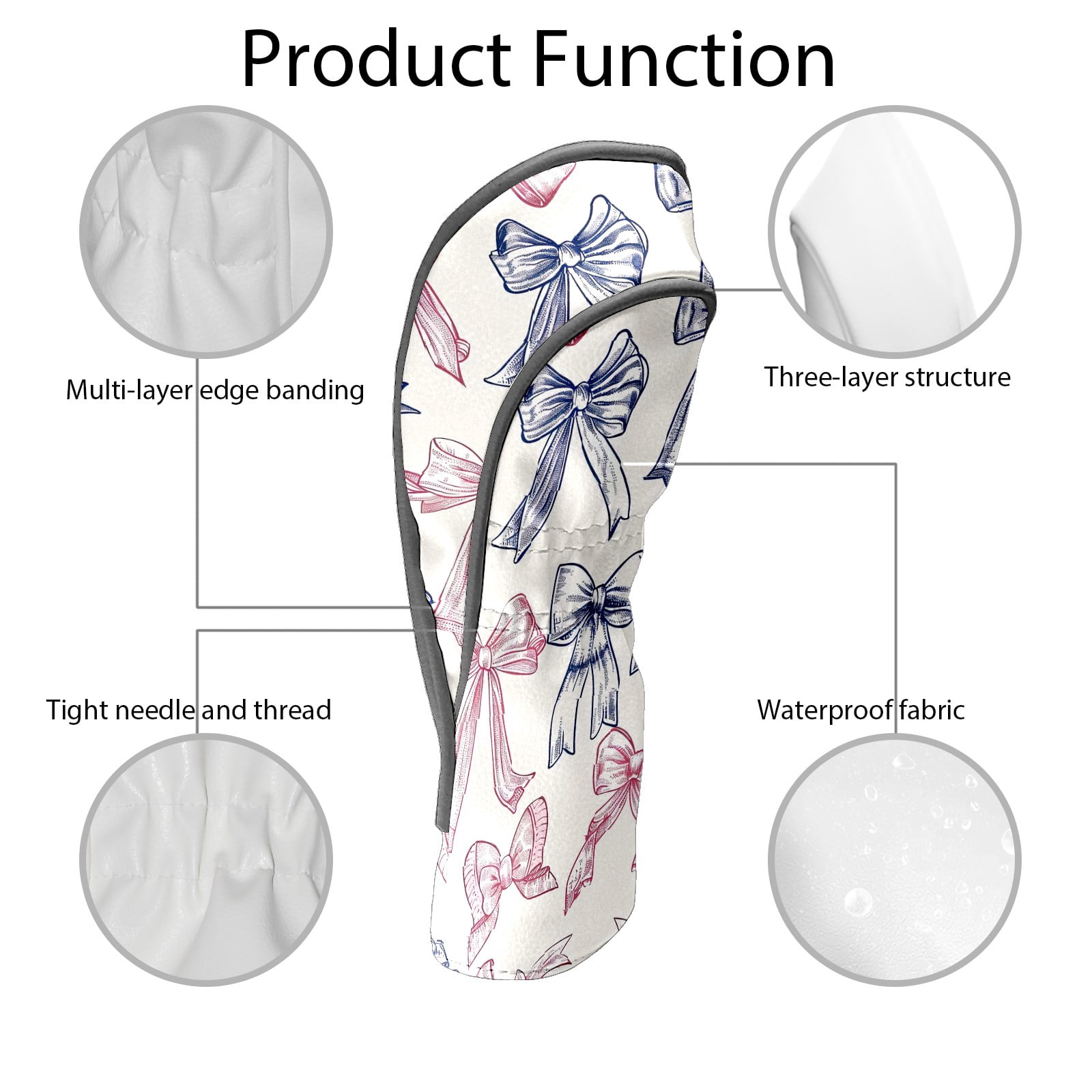 Golf Club Covers PU Leather Waterproof Head Covers for Fairway Woods Hybrids Bow Pattern Unisex Fits Most Brands
