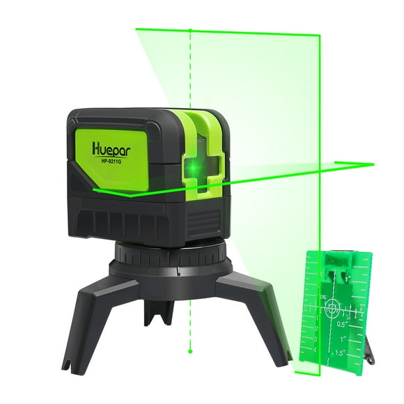 Huepar Cross Line Laser Level Green Beam Self-Leveling Laser Tools with 2 Plumb Dots M-9211G