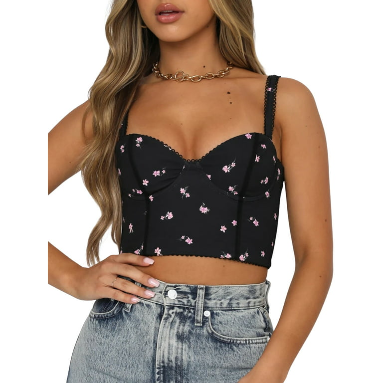 Women 's Floral Print Crop Top Sexy Spaghetti Strap Bustier Corset Top Y2K  Camisole Fashion Tank Top 